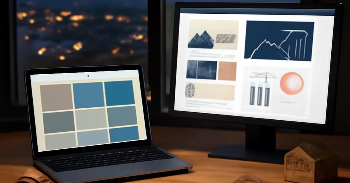A laptop showing a grid of color swatches and a desktop monitor showing a website layout with mountain graphics, on a wooden desk in front of a window overlooking city lights at dusk