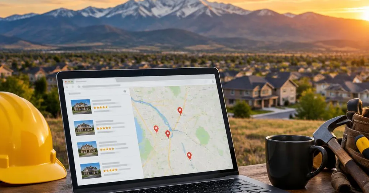 A laptop showing a Google Maps style local search with four five-star home listings and red map pins, on a wooden table beside a yellow hard hat, a black coffee mug, a hammer and tool belt, a notebook, and a phone, with the Colorado Front Range at sunset behind a suburban neighborhood